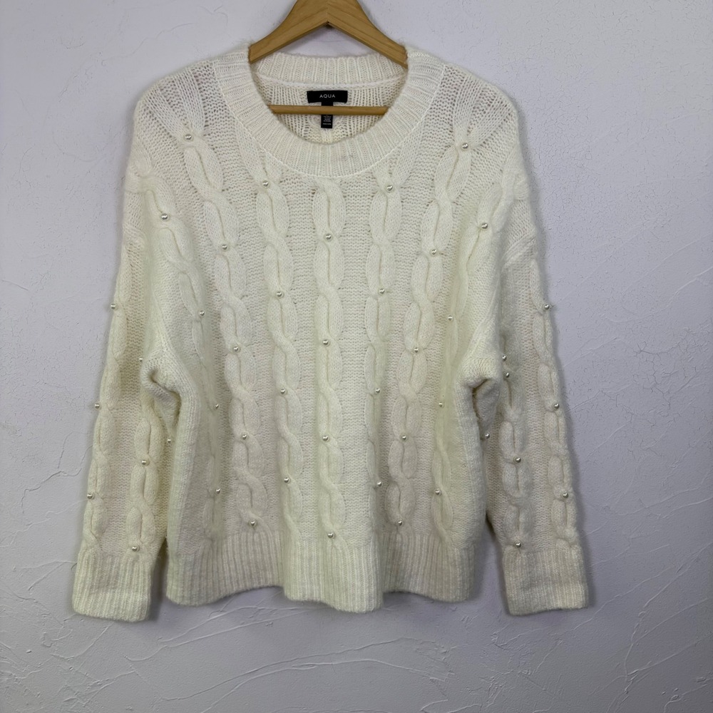 Aqua Pearl Cable Knit Sweater Women Medium Cream Faux Pearl Embellished Coquette